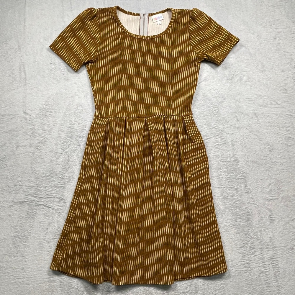 LuLaRoe Amelia Dress Womens Small Brown Yellow Geometric Dash Puff Sleeve Pleat